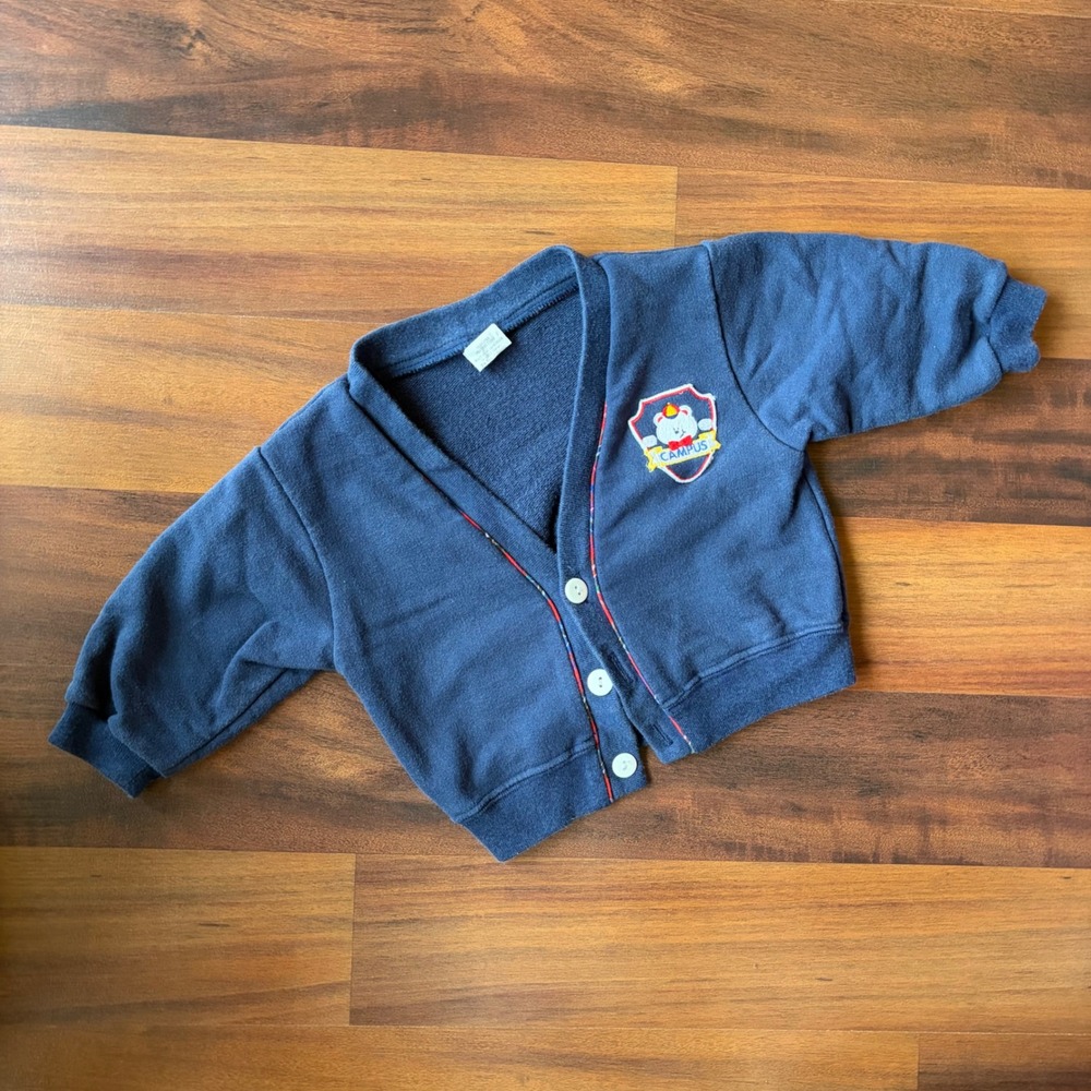 Vintage Navy Blue Campus Bear Patch Button Front Mr Feeny Academia Cardigan 12 M
